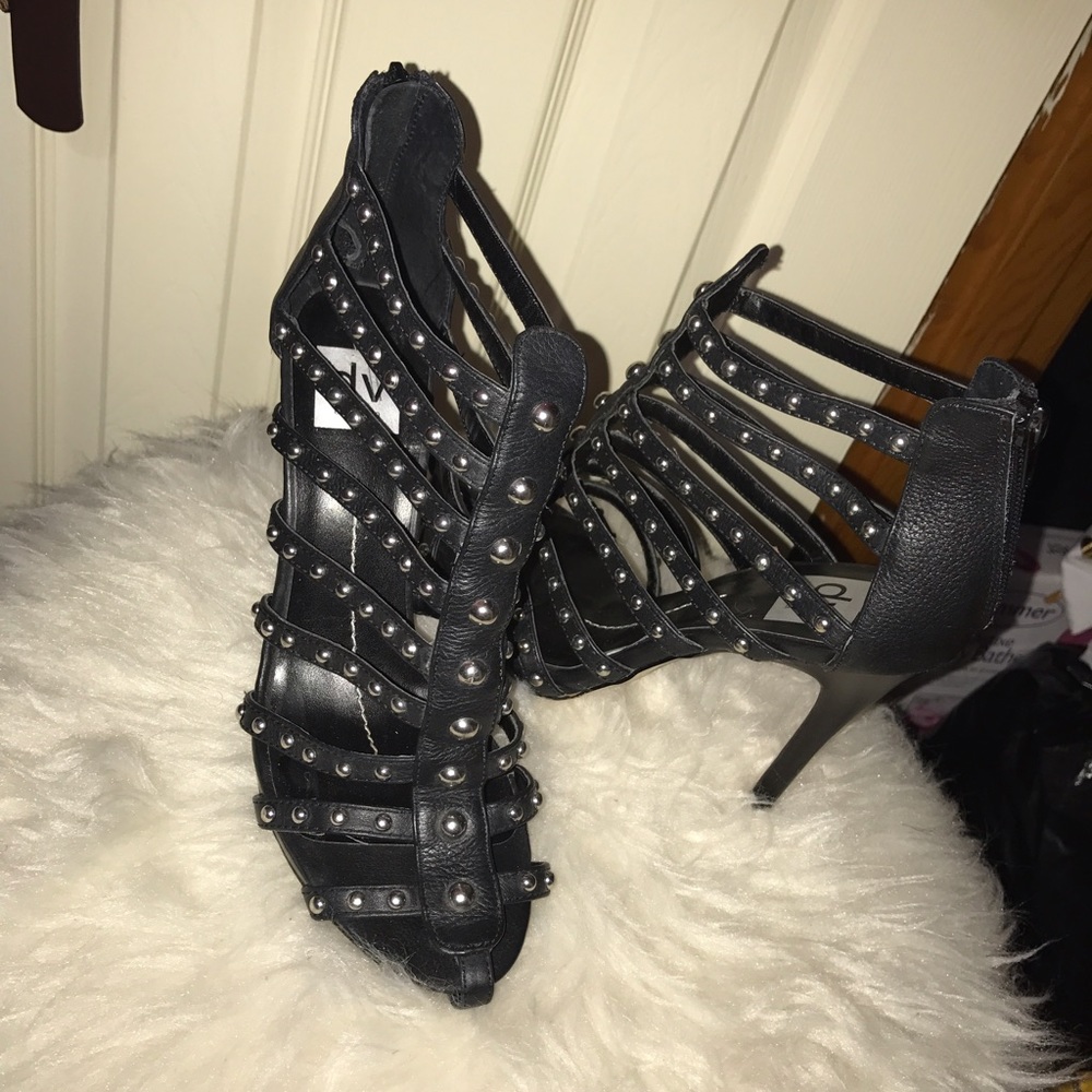 Strappy black heels with silver studs