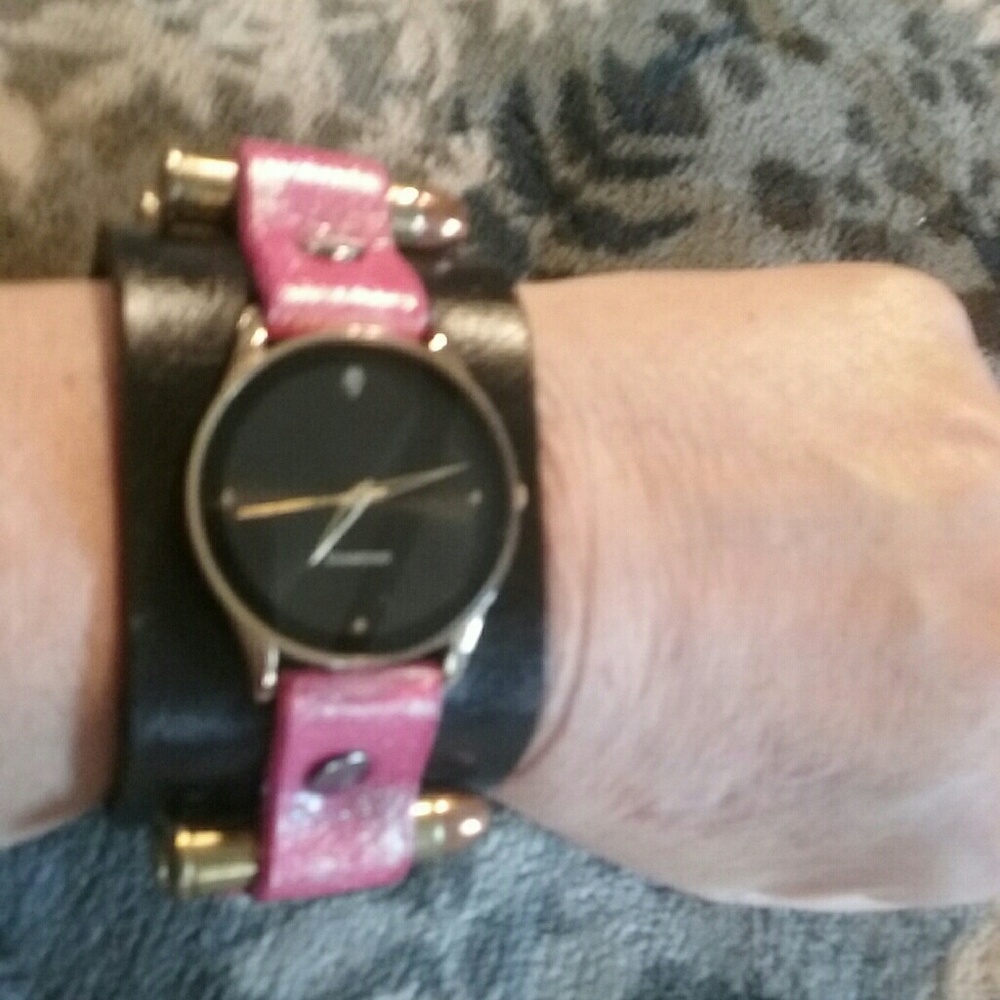 Womens, heavy leather cuff watch