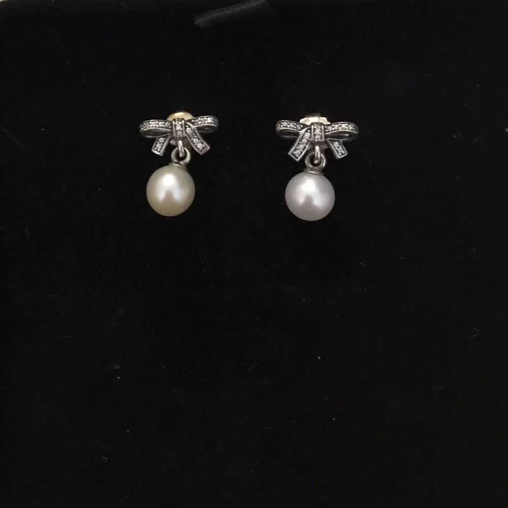 Pandora Sterling Silver Bow Earrings with Pearl