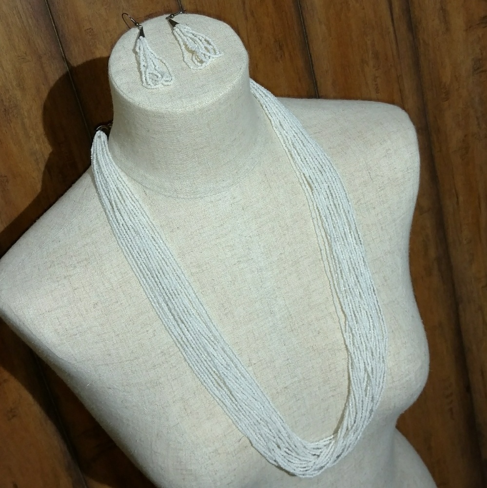 Multi-Strand White Beaded Necklace & Earring Set