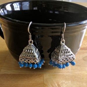 Blue and silver oxidized jhumka earrings