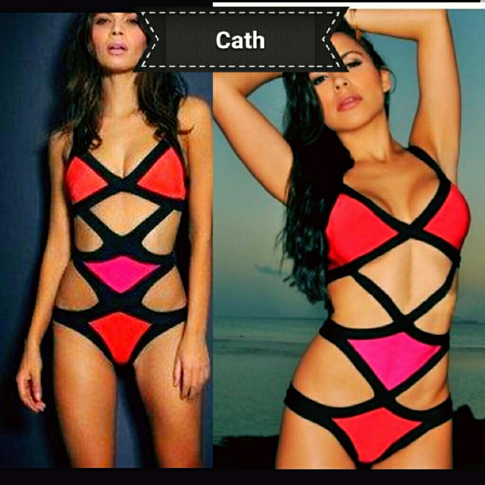 New trendy Orange red strappy Monokini Swimsuit - Picture 2 of 5