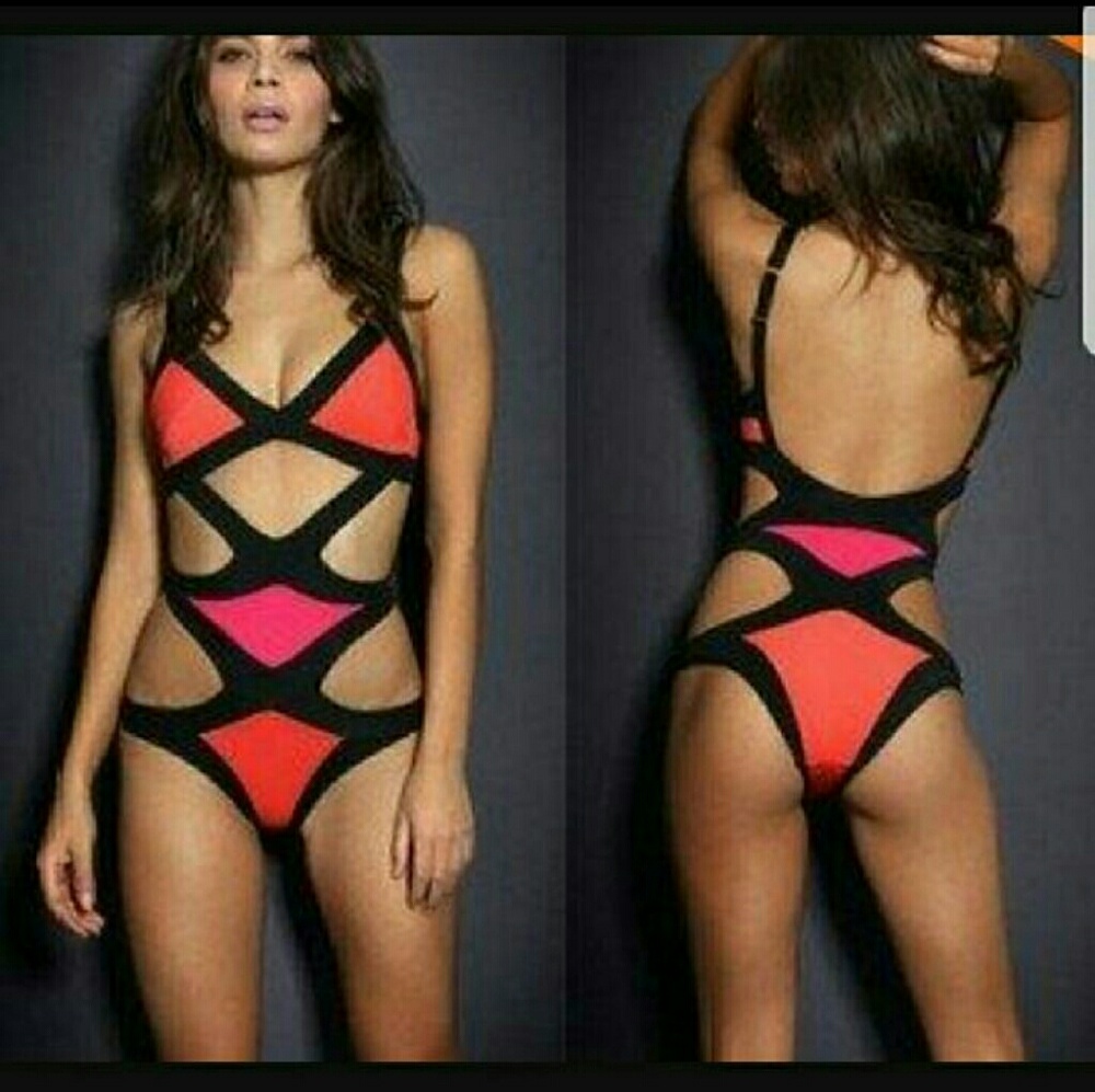 New trendy Orange red strappy Monokini Swimsuit - Picture 3 of 5