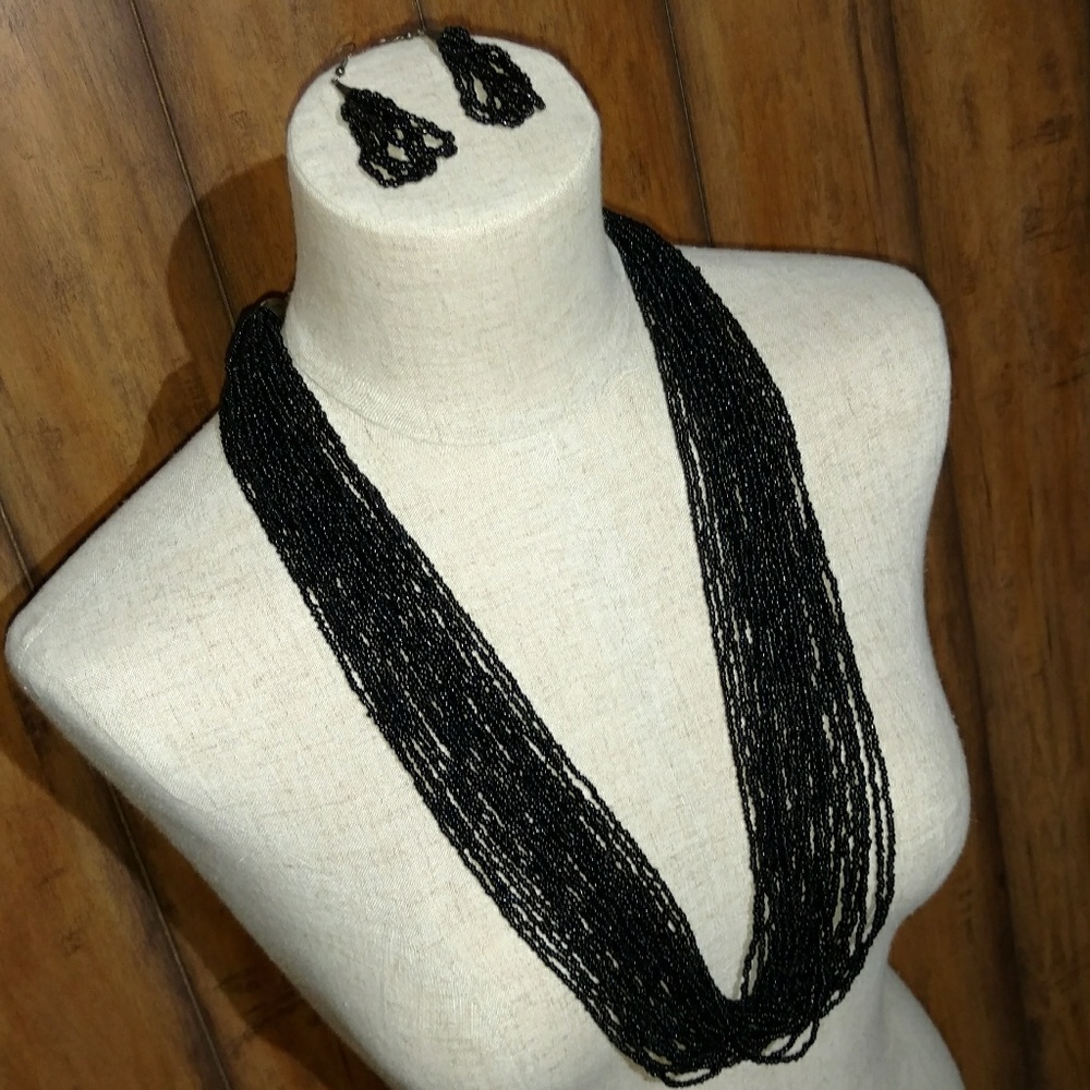 Multi-Strand Black Beaded Necklace & Earring Set