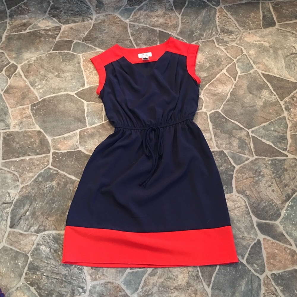 Navy and melon color blocked dress