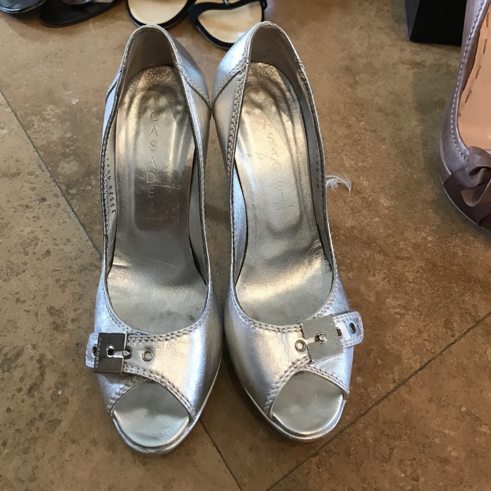 Casadei Silver peep toe pumps. Worn once! 36