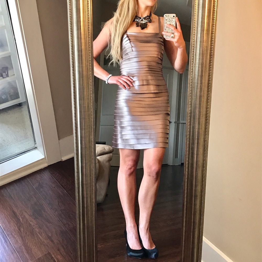 BCBGMAXAZRIA tiered spaghetti strap cocktail dress