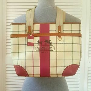 Genuine Leather Coach Tote, Vintage Tartan Plaid