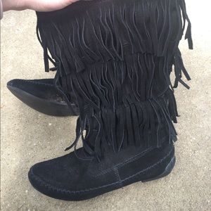 Black fringe Lauren Conrad mid calf boots