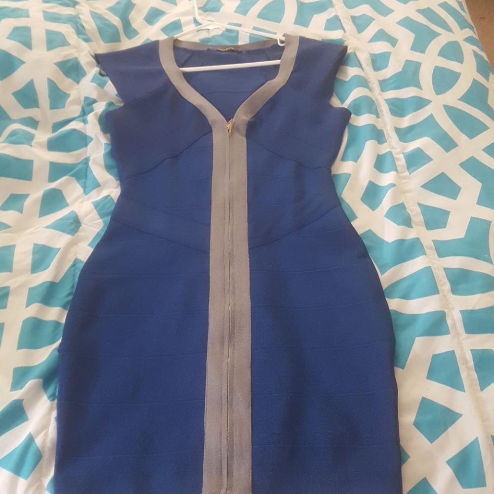 Blue and grey body con dress.