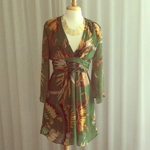 Green print deep v front dress