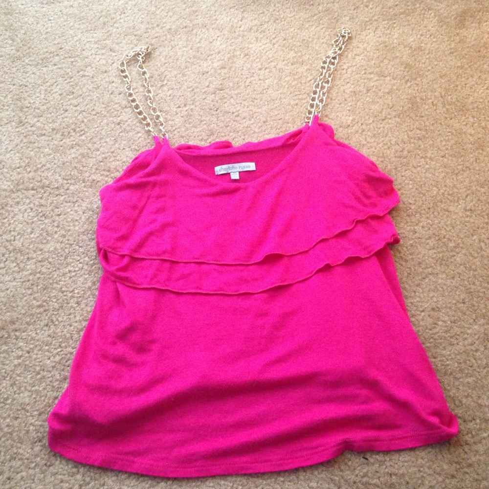 Hot pink crop top with gold chain straps