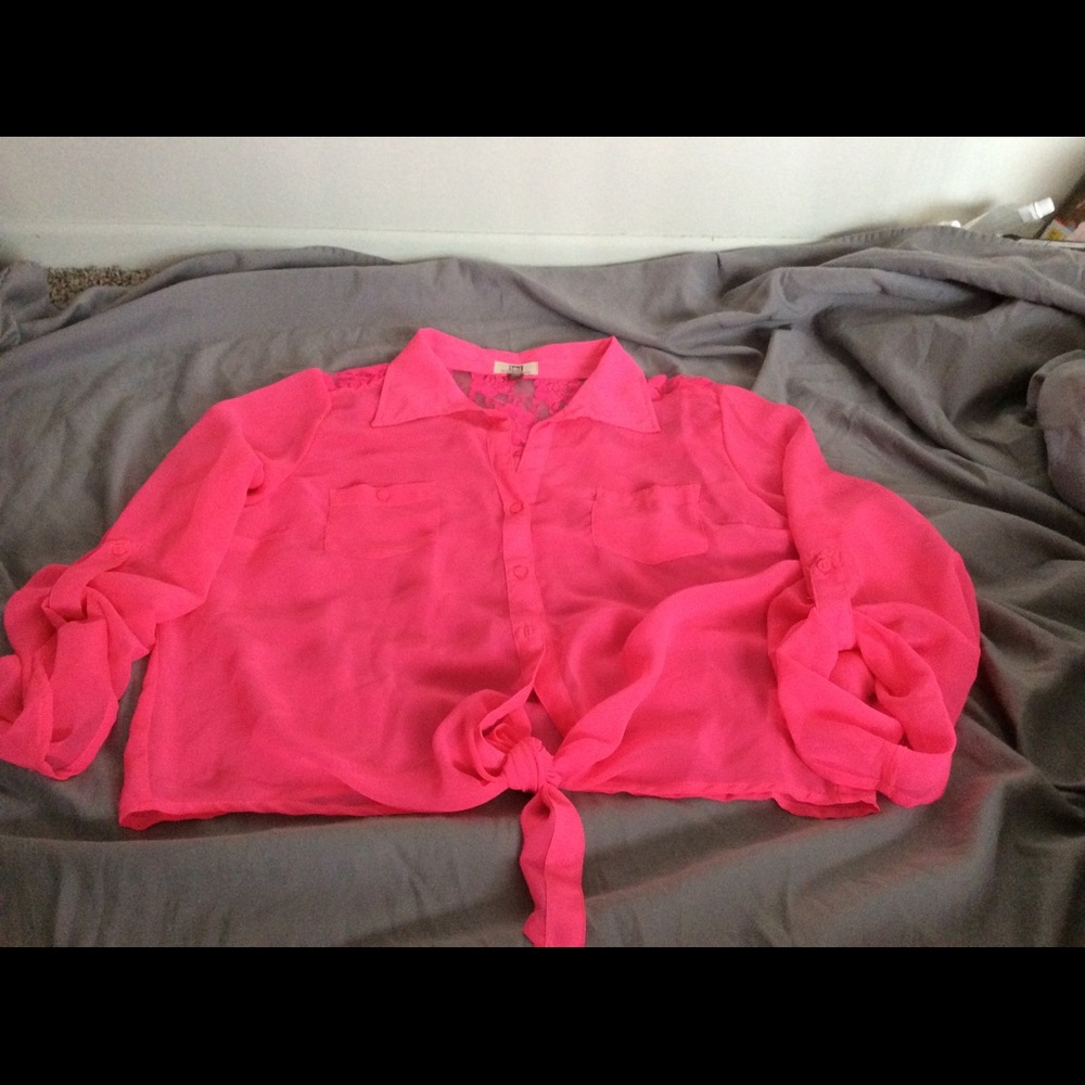 Hot pink sheer tie front blouse