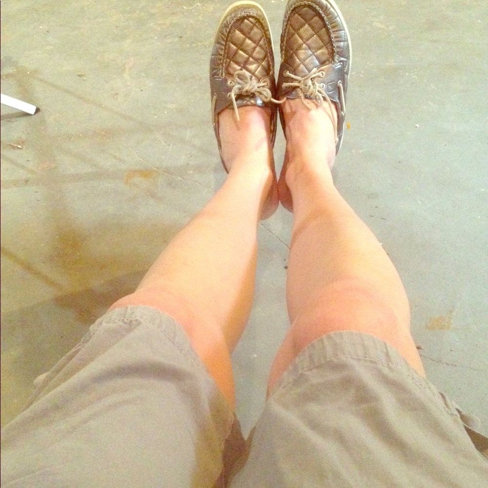 Pre-loved silver Sperry shoes, used women's pair.