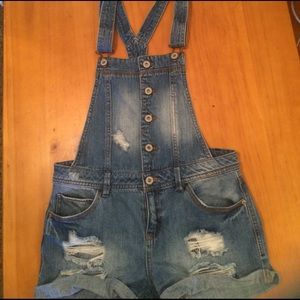 Distressed shorts overalls
