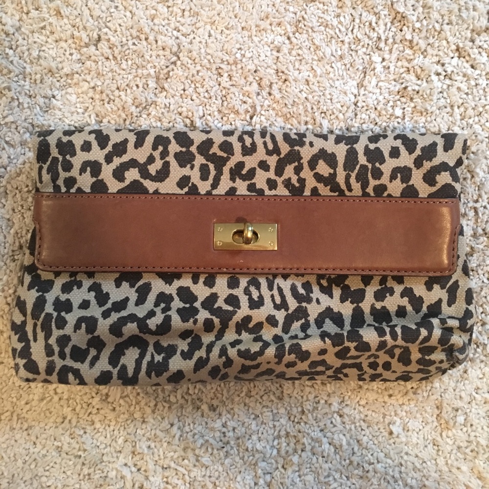 JCrew leopard canvas and Leather clutch