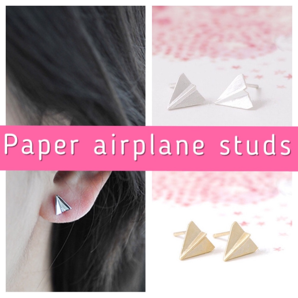 Gold or silver paper airplane stud earrings