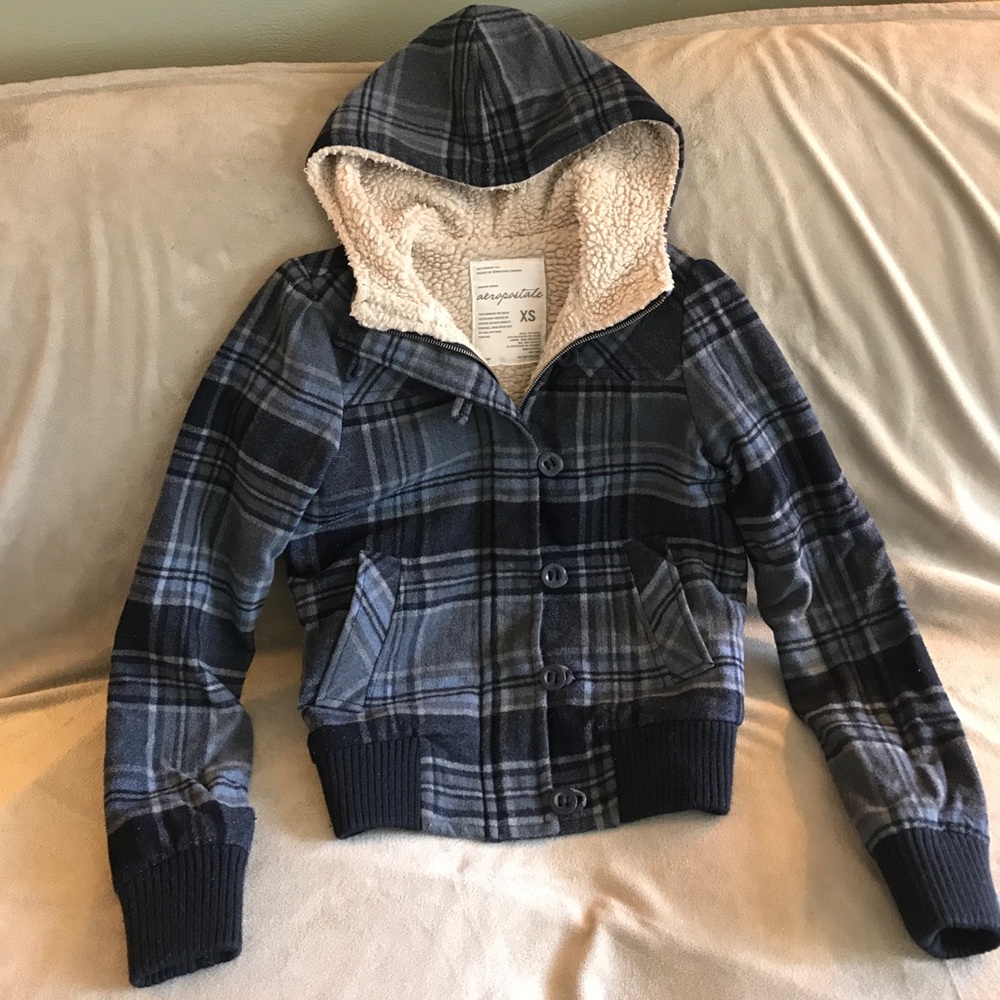 Aeropostale XS navy/gray plaid winter coat w/ hood