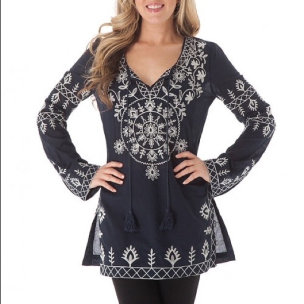 Embroidered Bell Sleeve Tunic Top Festival Navy