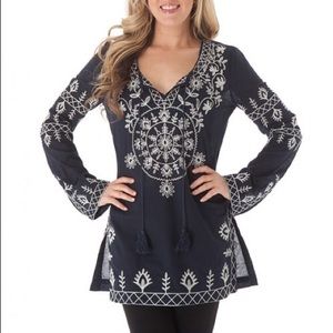 Embroidered Bell Sleeve Tunic Top Festival Navy