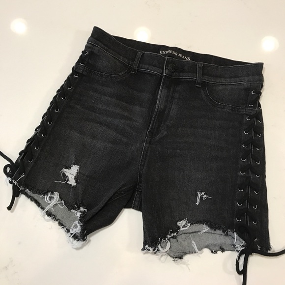 Express Pants - High rise black lace up distressed jean shorts