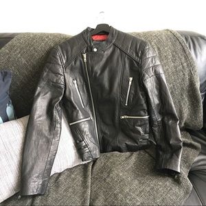 Topman Black Leather Collarless Biker Jacket