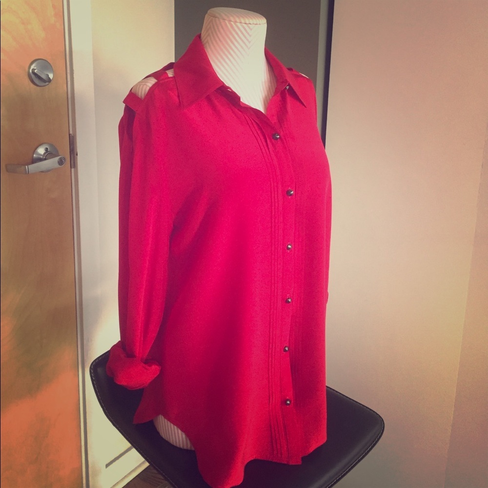 Red Silk Cold-Shoulder Blouse