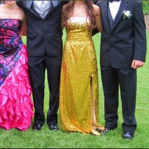 Gold sequin strapless long formal dress