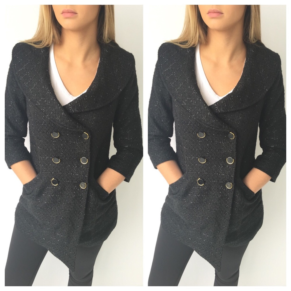 Tulle Black Tweed Shimmer Double-Breasted Peacoat