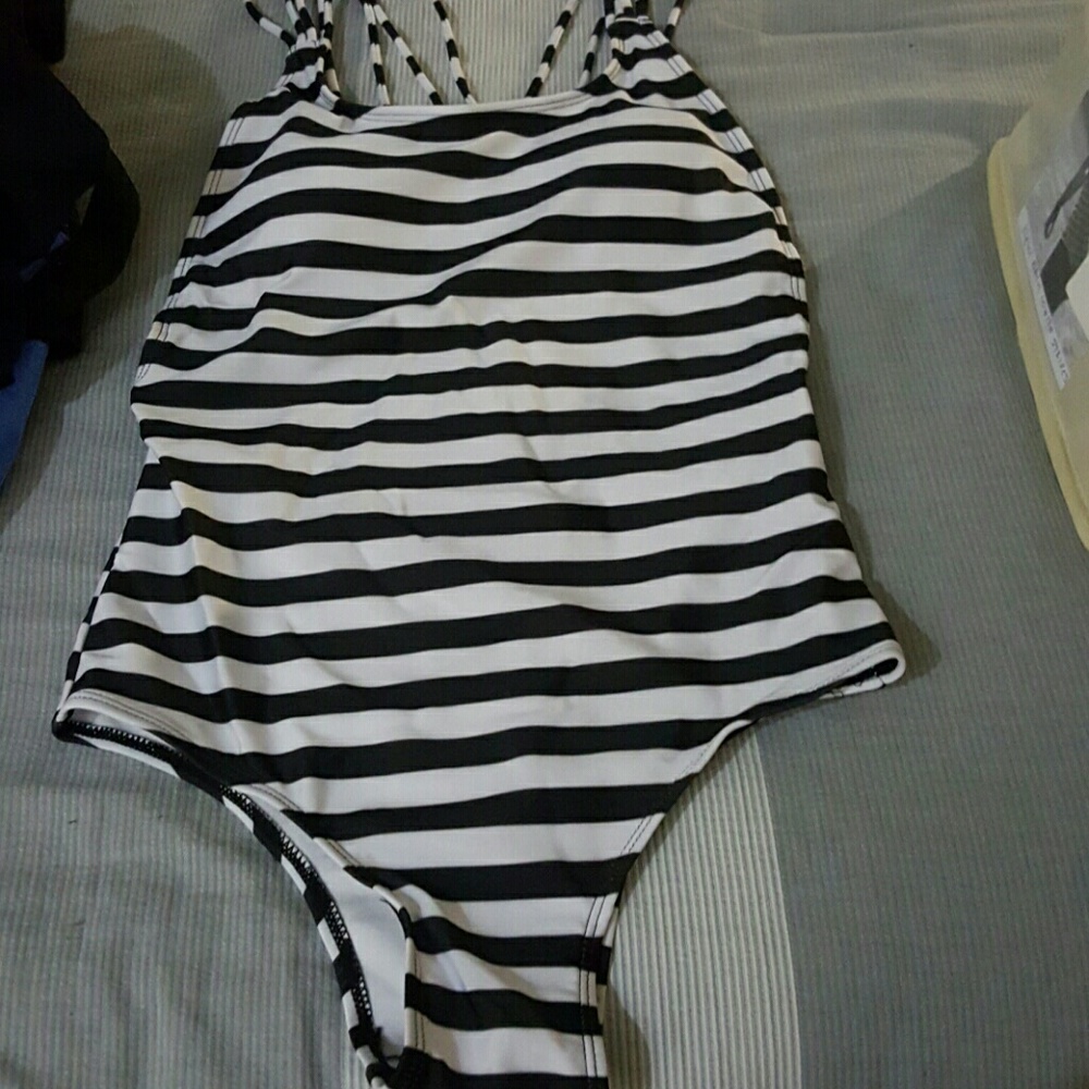 New White Black Navy Striped Padded Strap Mon - Picture 4 of 5