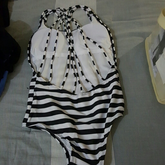 New White Black Navy Striped Padded Strap Mon - Picture 5 of 5