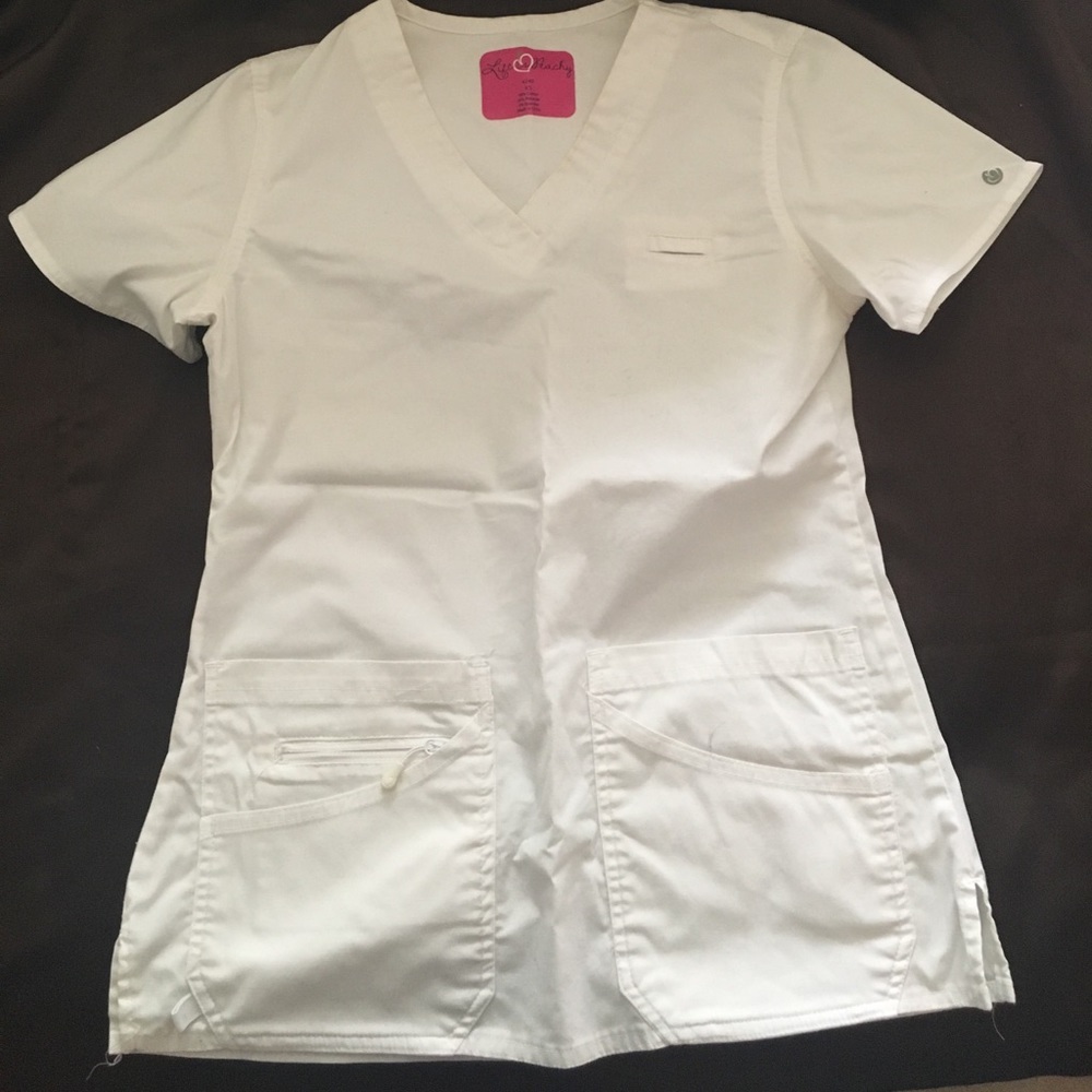 White "Life is Peachy" scrub top