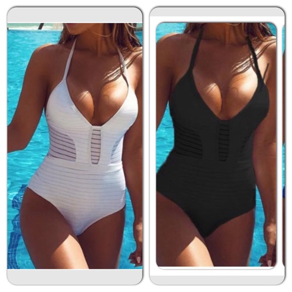 Other - Splicing Backless Halter Swimsuit black/white/blue