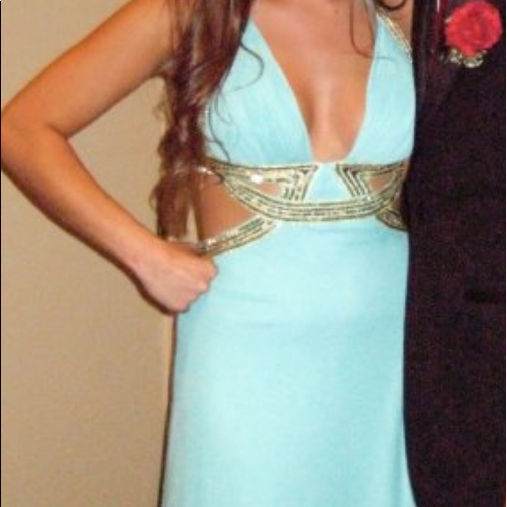 Aqua blue prom dress with gold beading