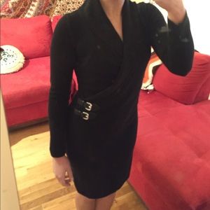 Black Wrap Sweater Dress with Double Buckle