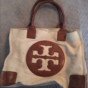 Tory Burch linen and leather tote