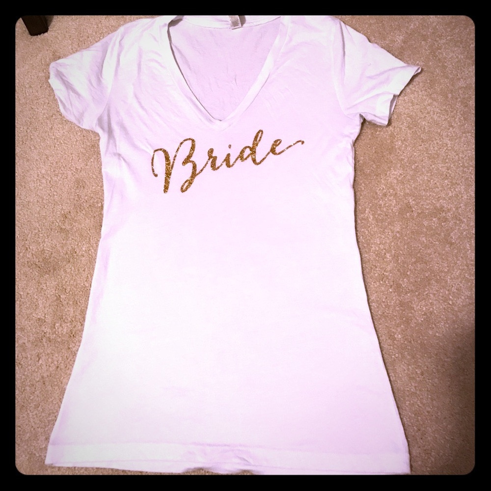 BRIDE t-shirt wedding. Gold sparkly letters