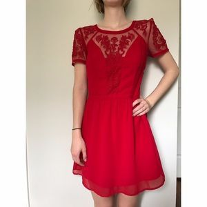 Red chiffon dress w/ illusion neck and embroidery