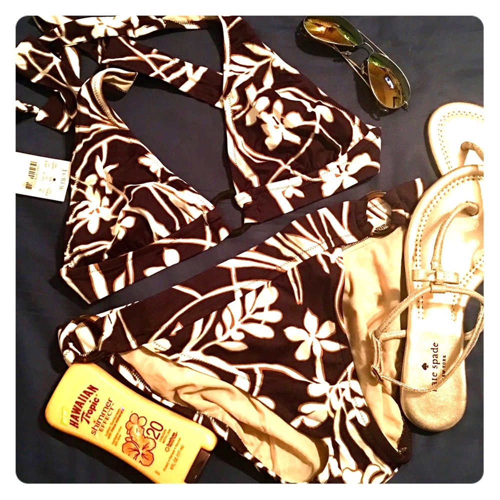 NWT J. Crew Brown White Halter Floral Bikini