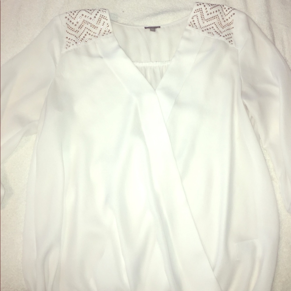 White sheer blouse with rose gold studs💫