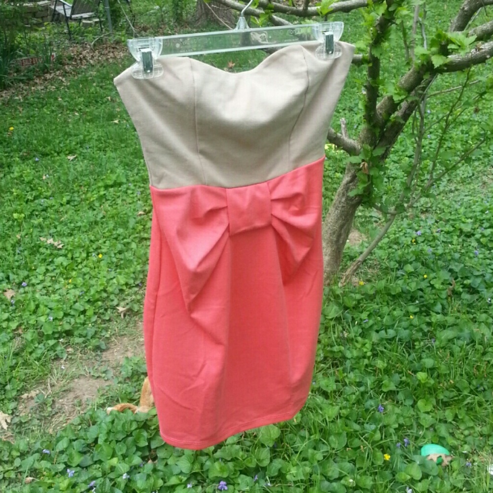 Strapless Coral & Tan Color Block Dress & Bow