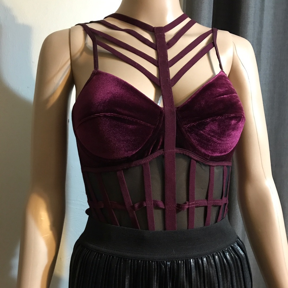 Strappy wine velvet bodysuit