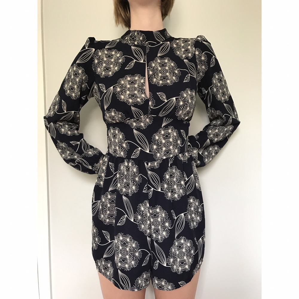 Floral mock neck romper with keyhole chest