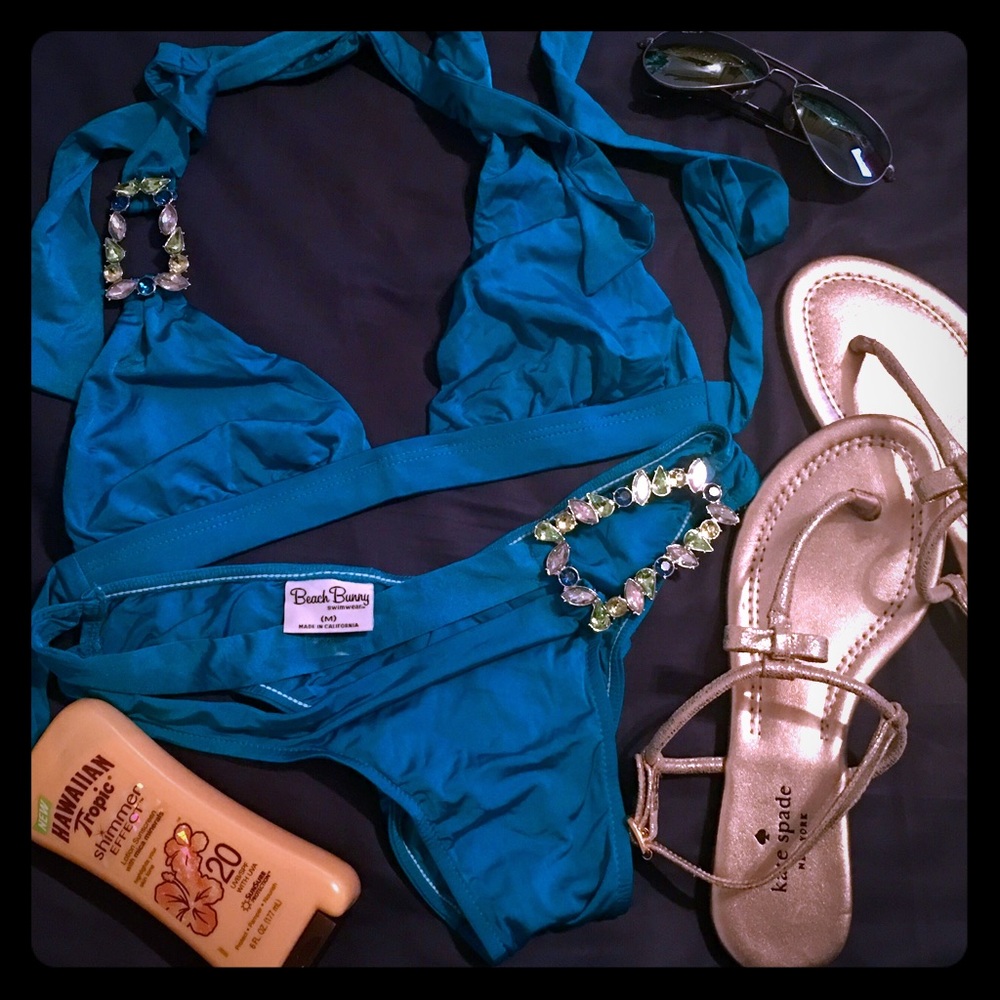 Beach Bunny Teal Halter Gemstone Bikini