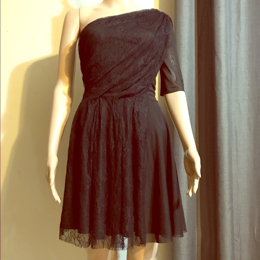 Black lace and mesh off shoulder dress