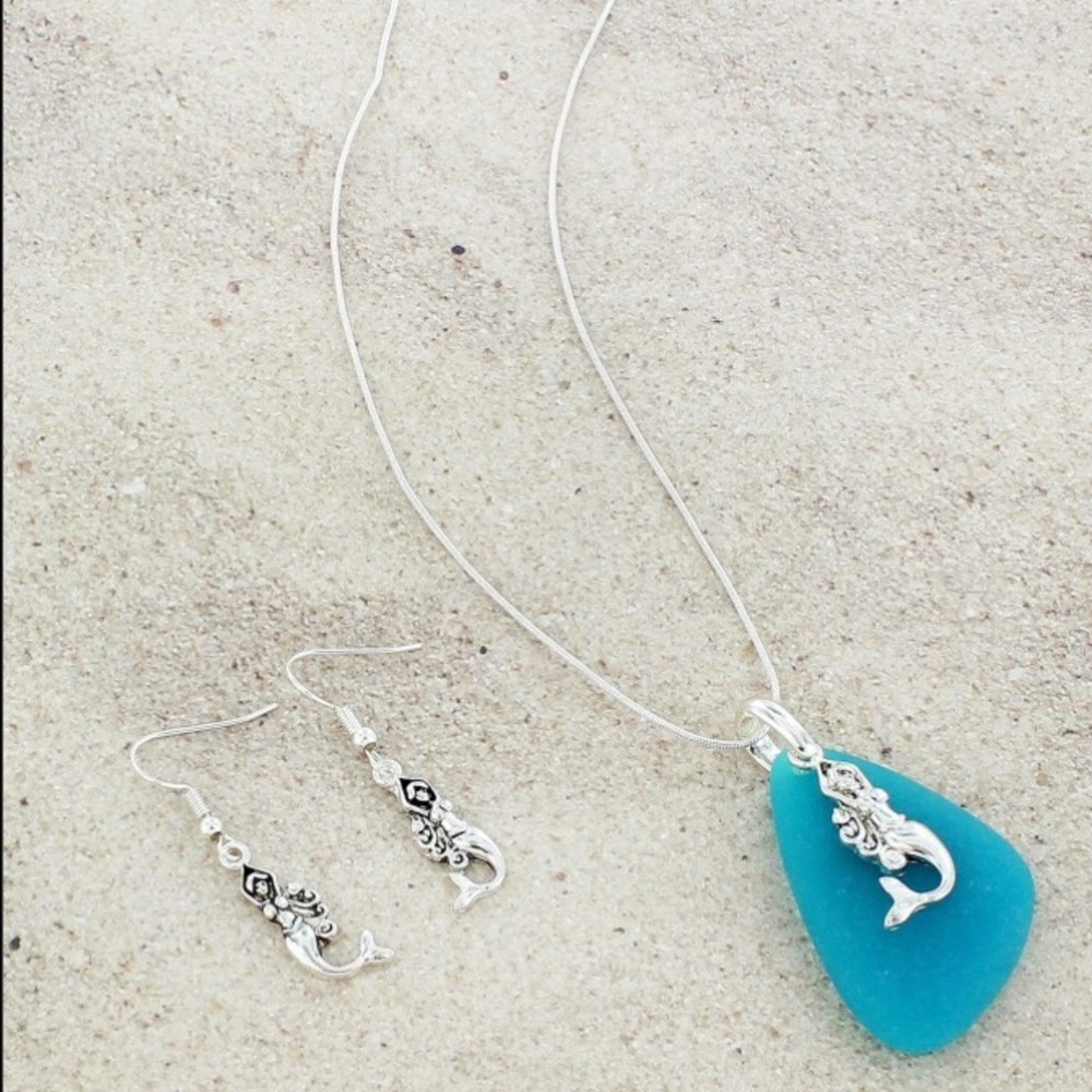 Blue Sea Glass Mermaid Pendent and Earrings