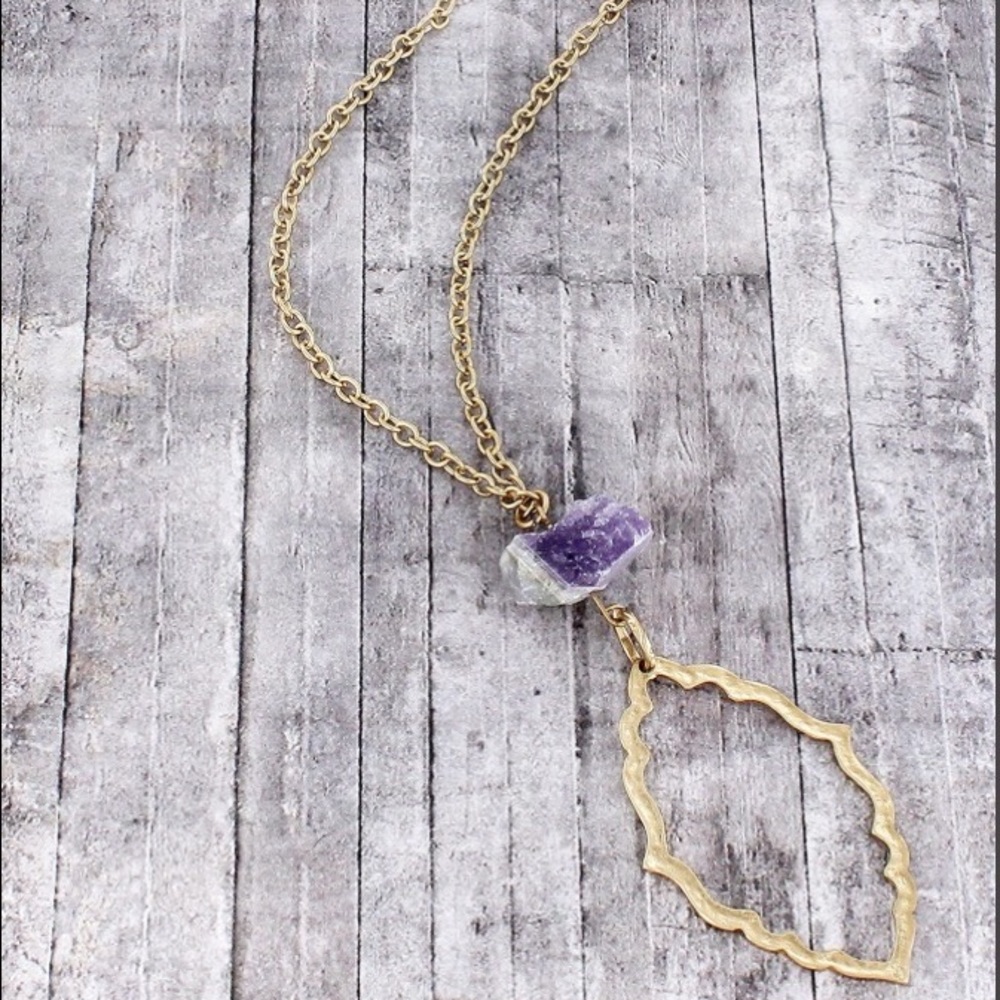 Amethyst stone and Burnished Gold Frame Necklace