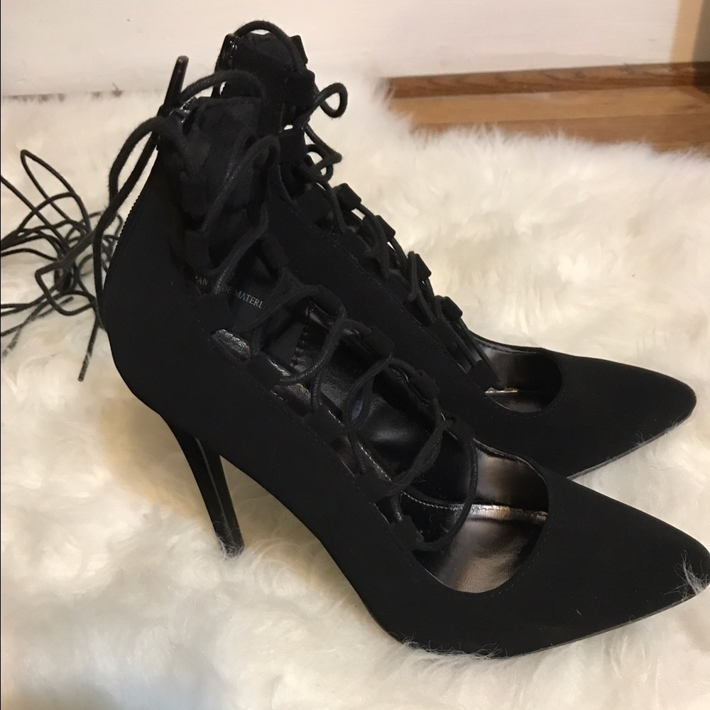 Black faux suede stiletto pumps