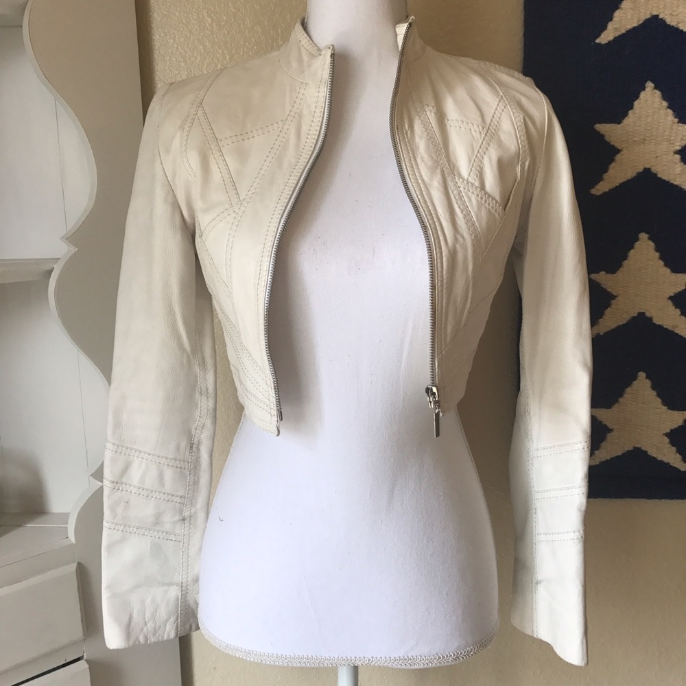 Melrose Avenue  white cropped leather jacket.