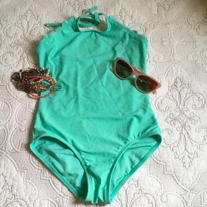 Girls teal scalloped one piece swimsuit